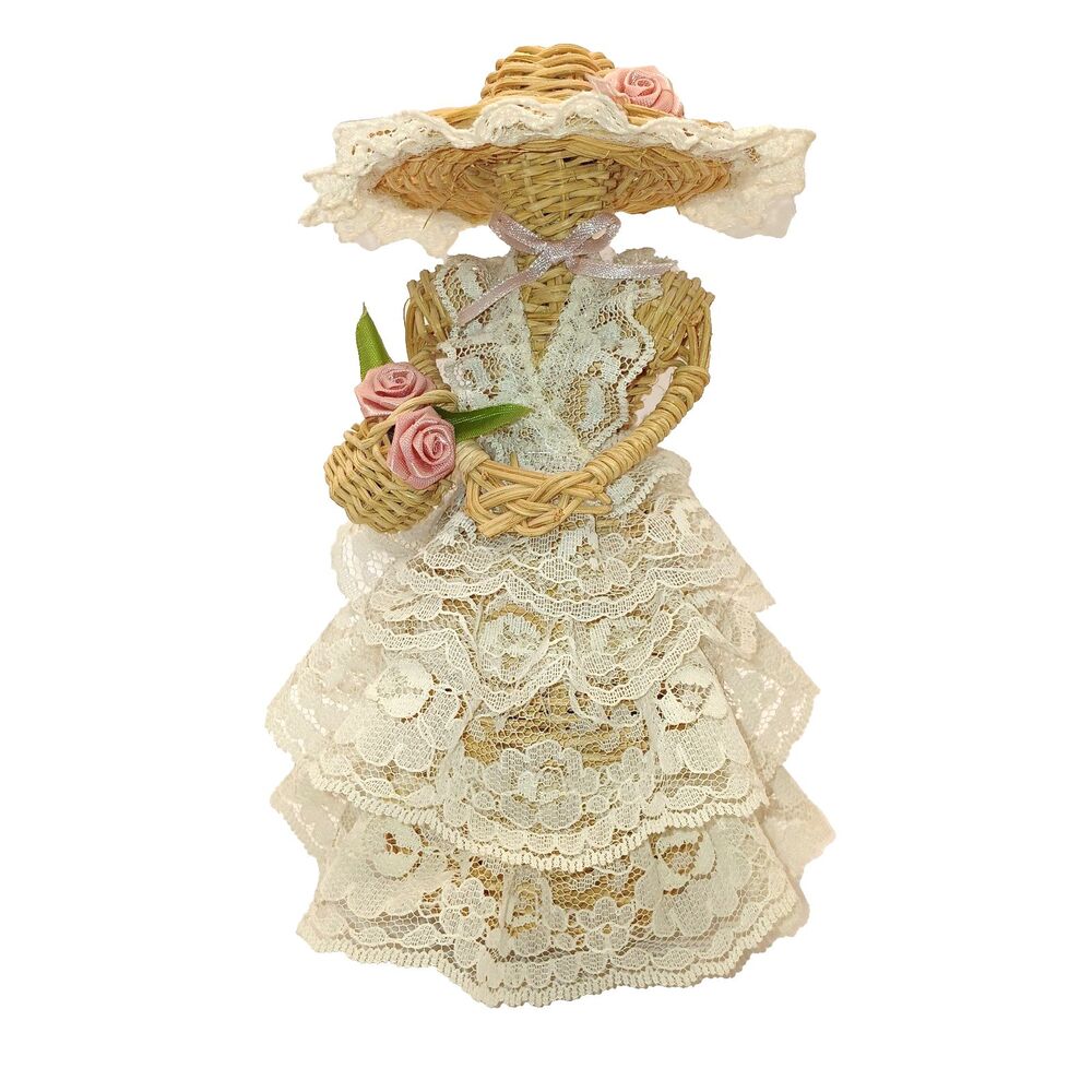 Vtg Cottagecore Wicker Doll Woman Music Box Lace Dress Pink Roses Amazing Grace
